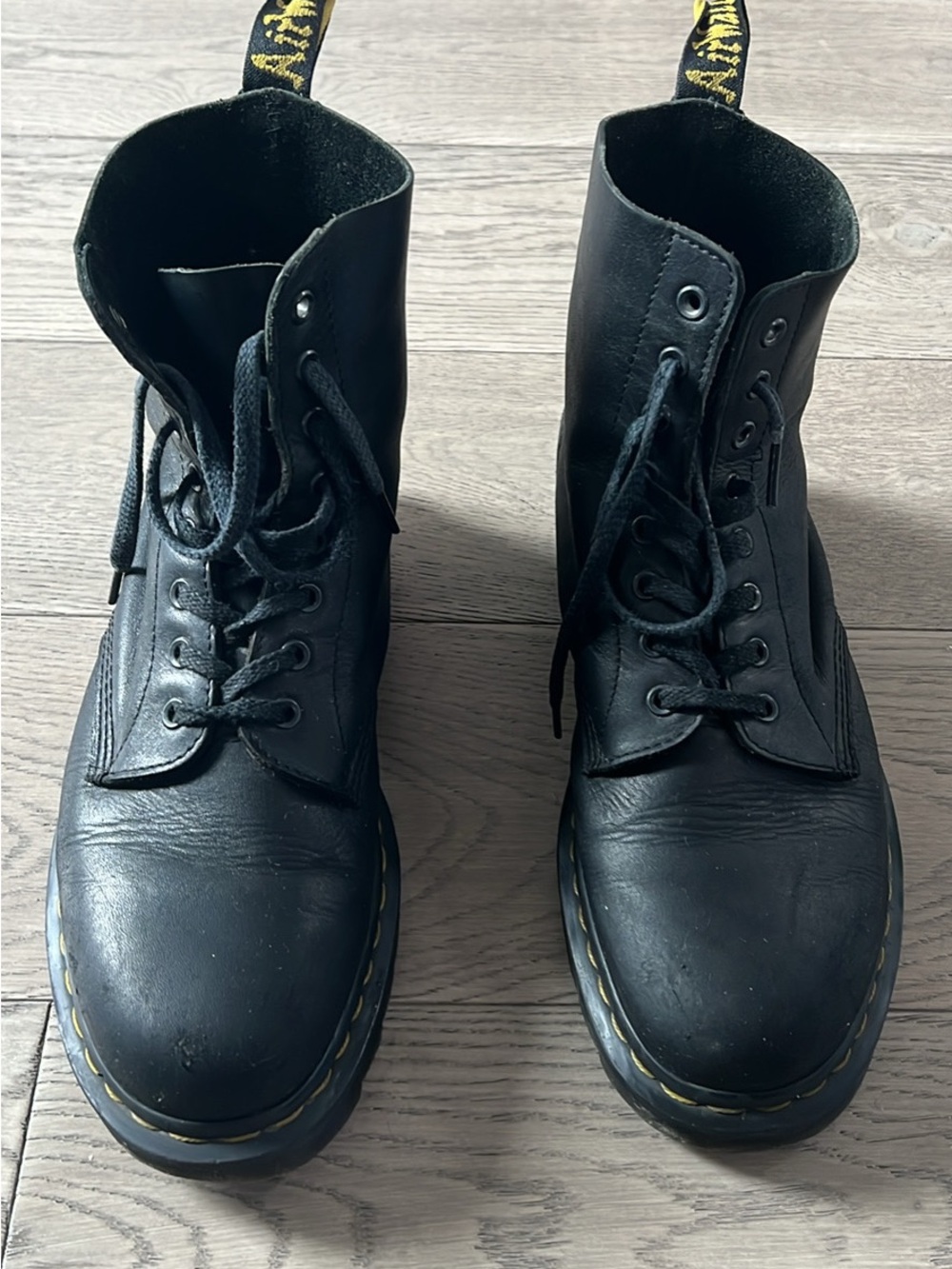 Dr. Martens 1460 Pascal Black Leather 6-Eye Lace-Up Boots with Yellow Stitching - Picture 3 of 3